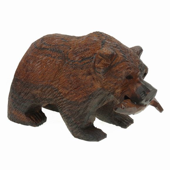 Grizzly Bear with Fish - Ironwood Carving | EarthView